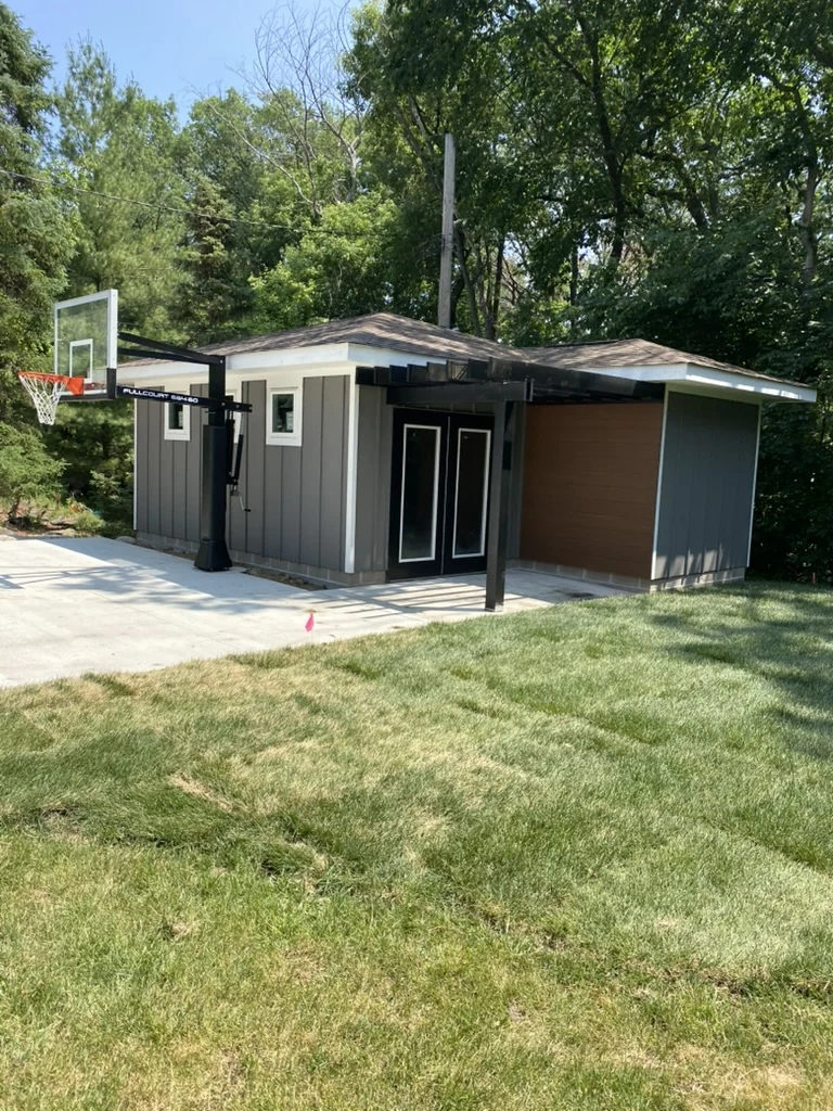 Backyard Shed, Sport Court & Pergola — Completed, Bloomington, MN